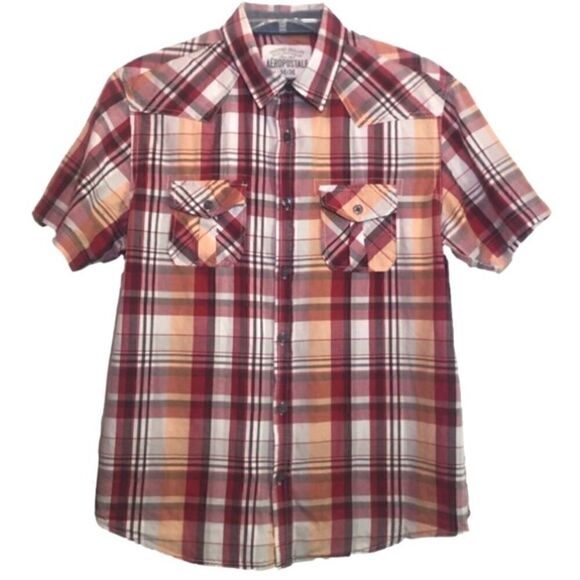 Aeropostale Western Style Short Sleeve Plaid Button Down in Red/Orange Men’s Med - Picture 1 of 8